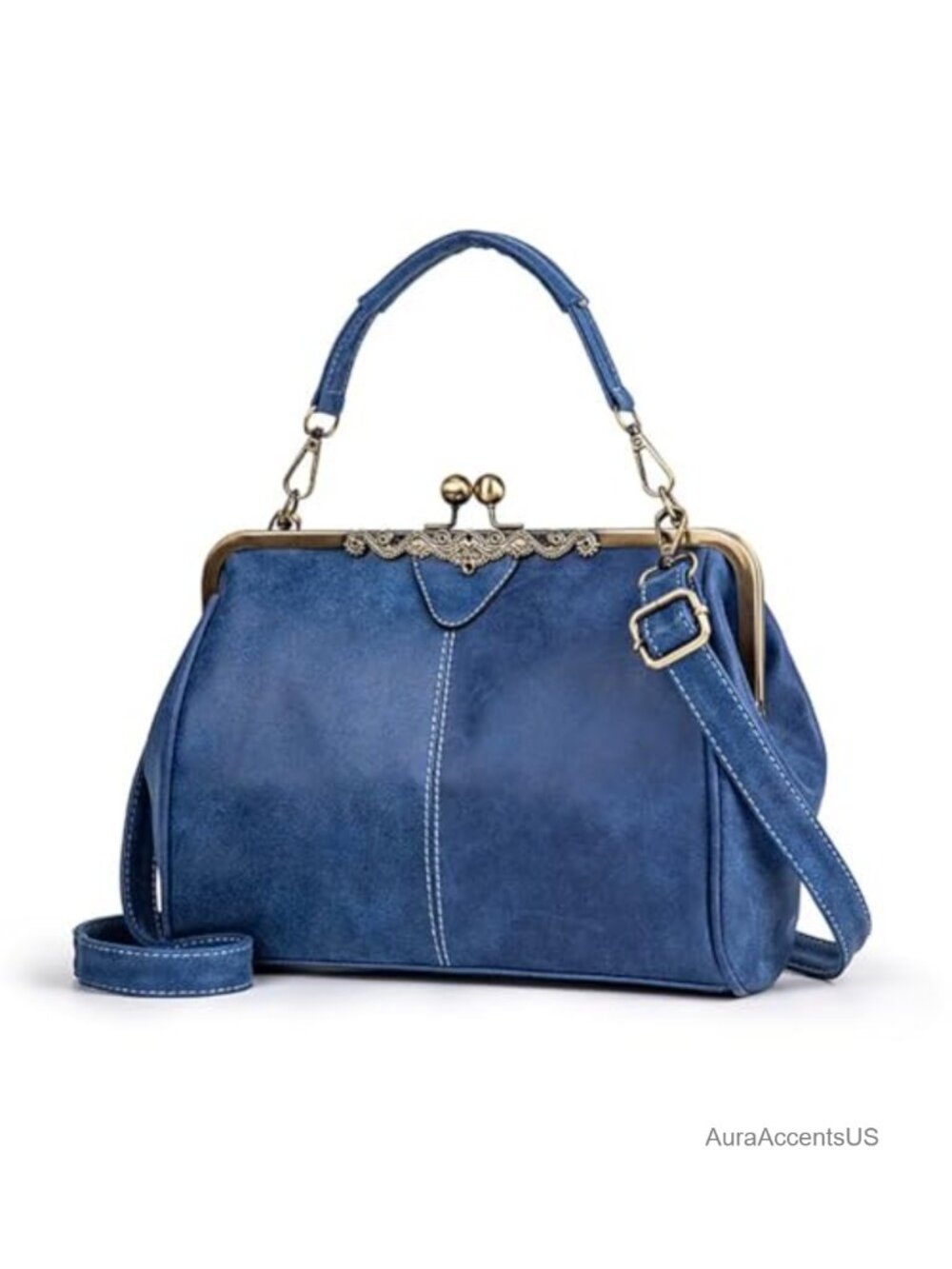 Women's Vegan Leather Satchel Handbag Adjustable Strap Kiss Lock Purse